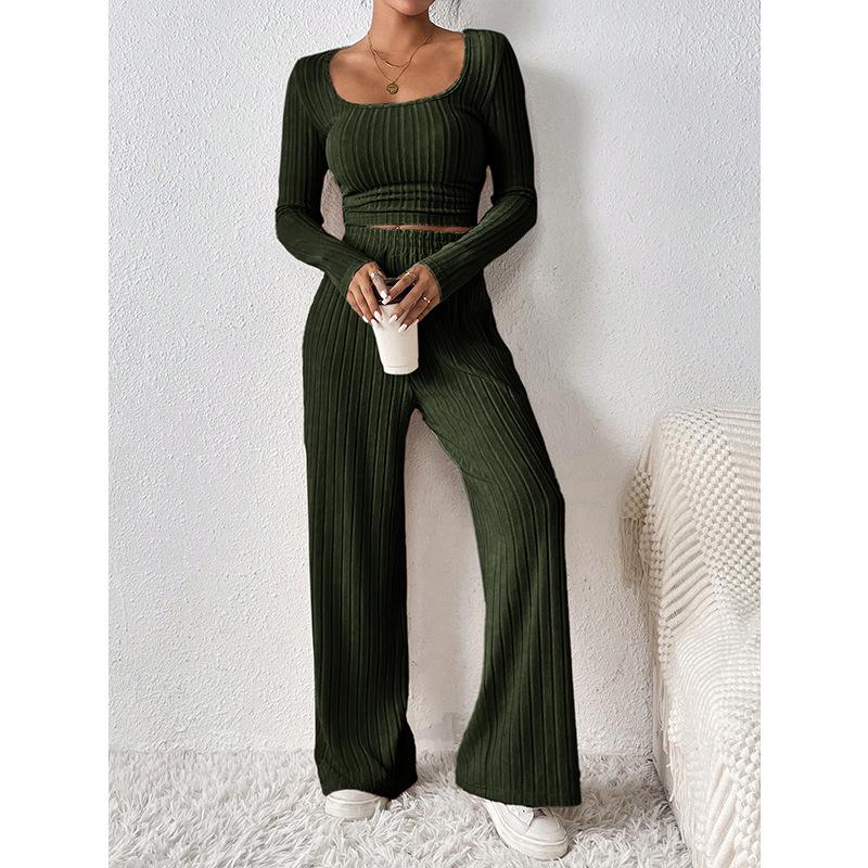 Women's Fashion Knitted Ribbed Wide-Leg Pants and Round Neck Long-Sleeve Top Suit