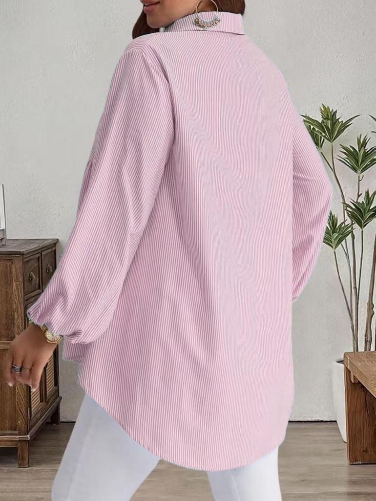 Plus Size Women's Striped Long Sleeve Lapel Shirt - Autumn/Winter Casual Loose Fit
