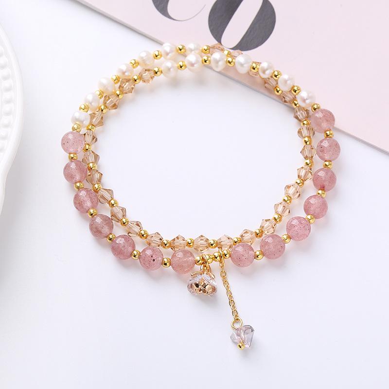 

Natural freshwater pearl double ring bracelet women s strawberry crystal bracelet. Bangles Women Fashion Jewelry accessories Gift