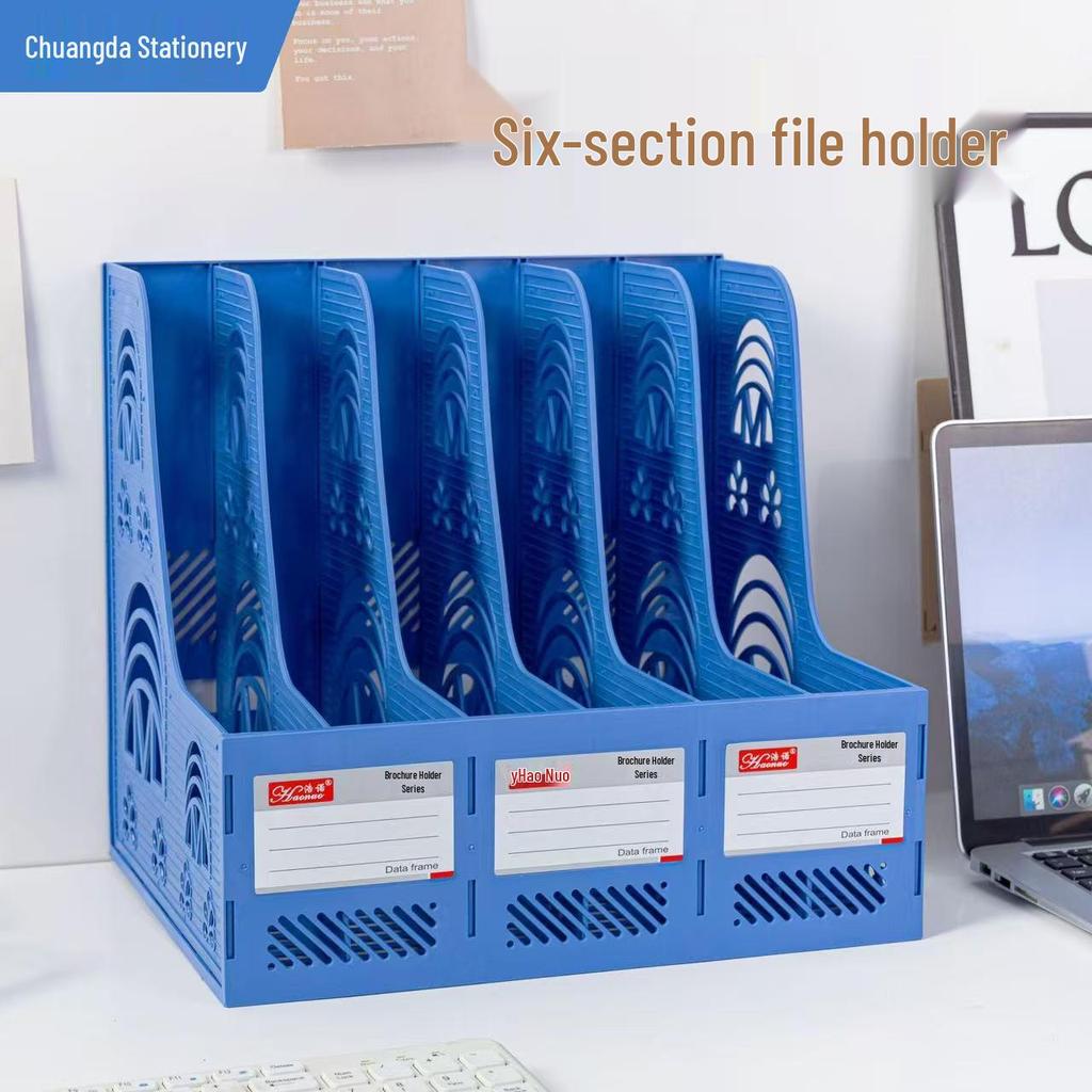 Six-Section Desktop File Organizer: Plastic File Rack & Pocket Holder with Logo Printing for Office Storage.