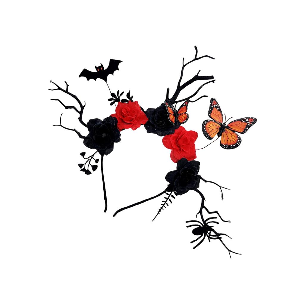 Halloween Deer Antlers Headband With Bat Butterfly Detail And Black Floral Branch Hair Ornament For Costume Parties