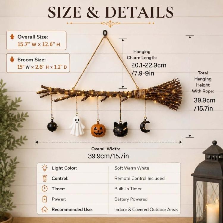 Indoor Halloween Hanging Decors Lighted Witch Broom with Ghostly Pumpkins Cats Moon Bells Charm for Wall Window Door Display Accent Decors