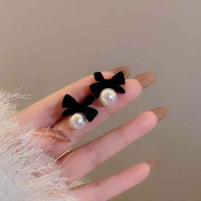 Vintage Rot Weihnachten Beflockung Ohrringe Für Frauen Bogen-Knoten Perle Tropfen Ohrring Schmuck Party Geschenk