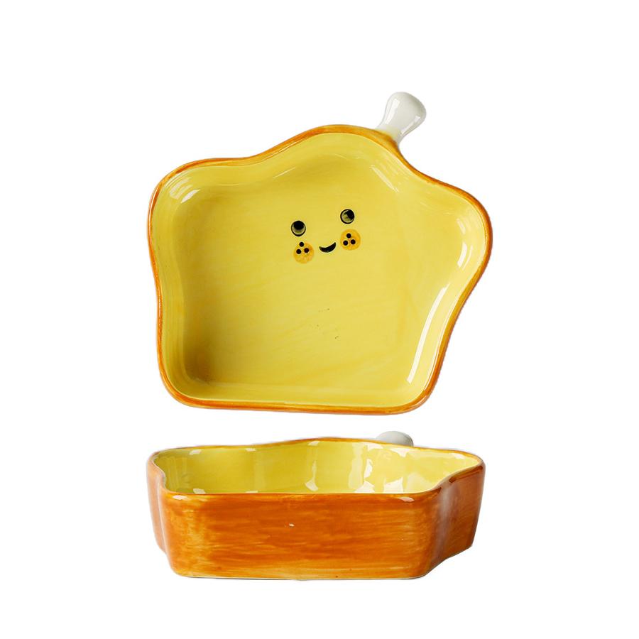 Cute bread-shaped ceramic sauce dish, cartoon smiley face condiment dish, creative kitchen dipping dish and snack dish tableware set.