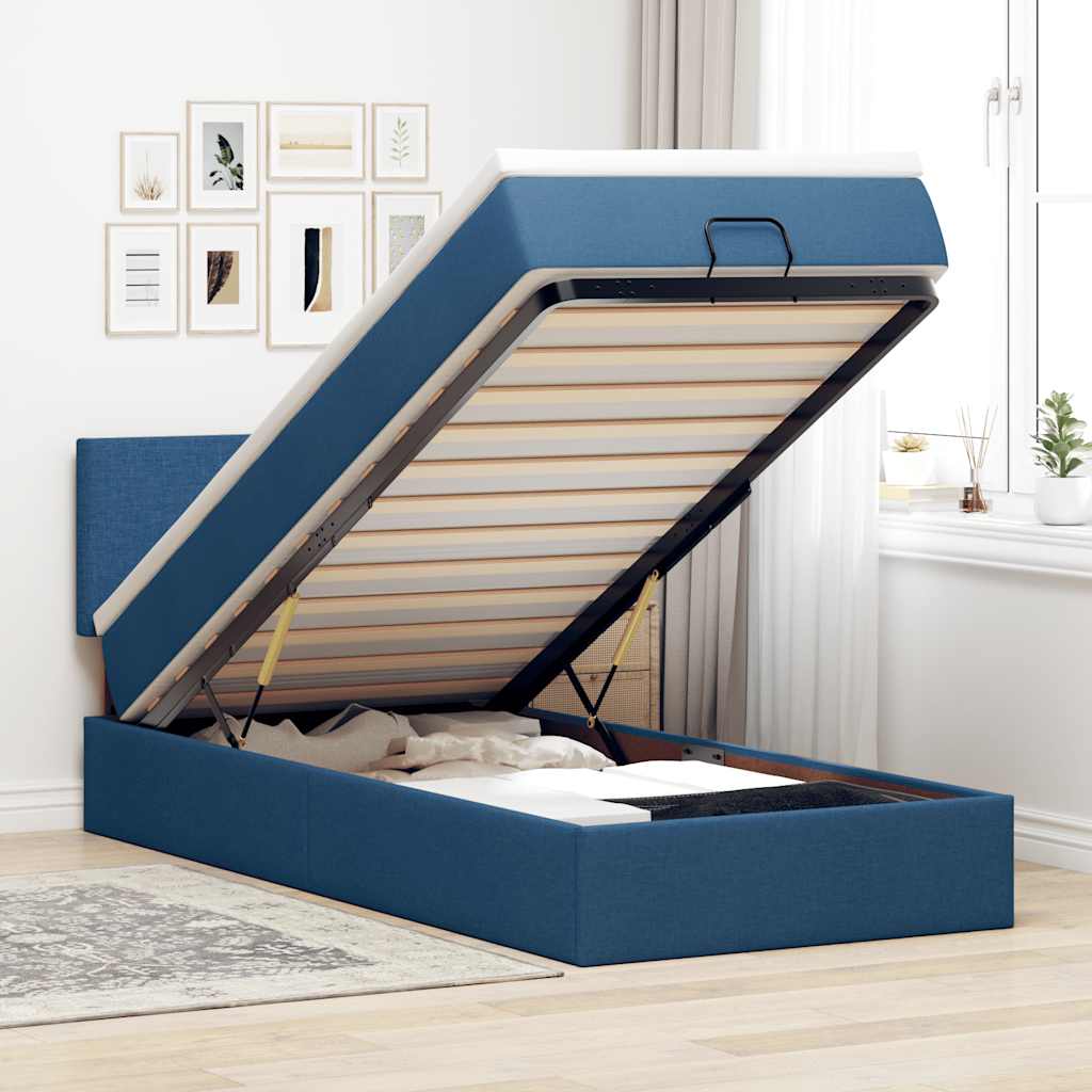 Ottoman Bed with Mattress Blue 90x200 Cm Fabric