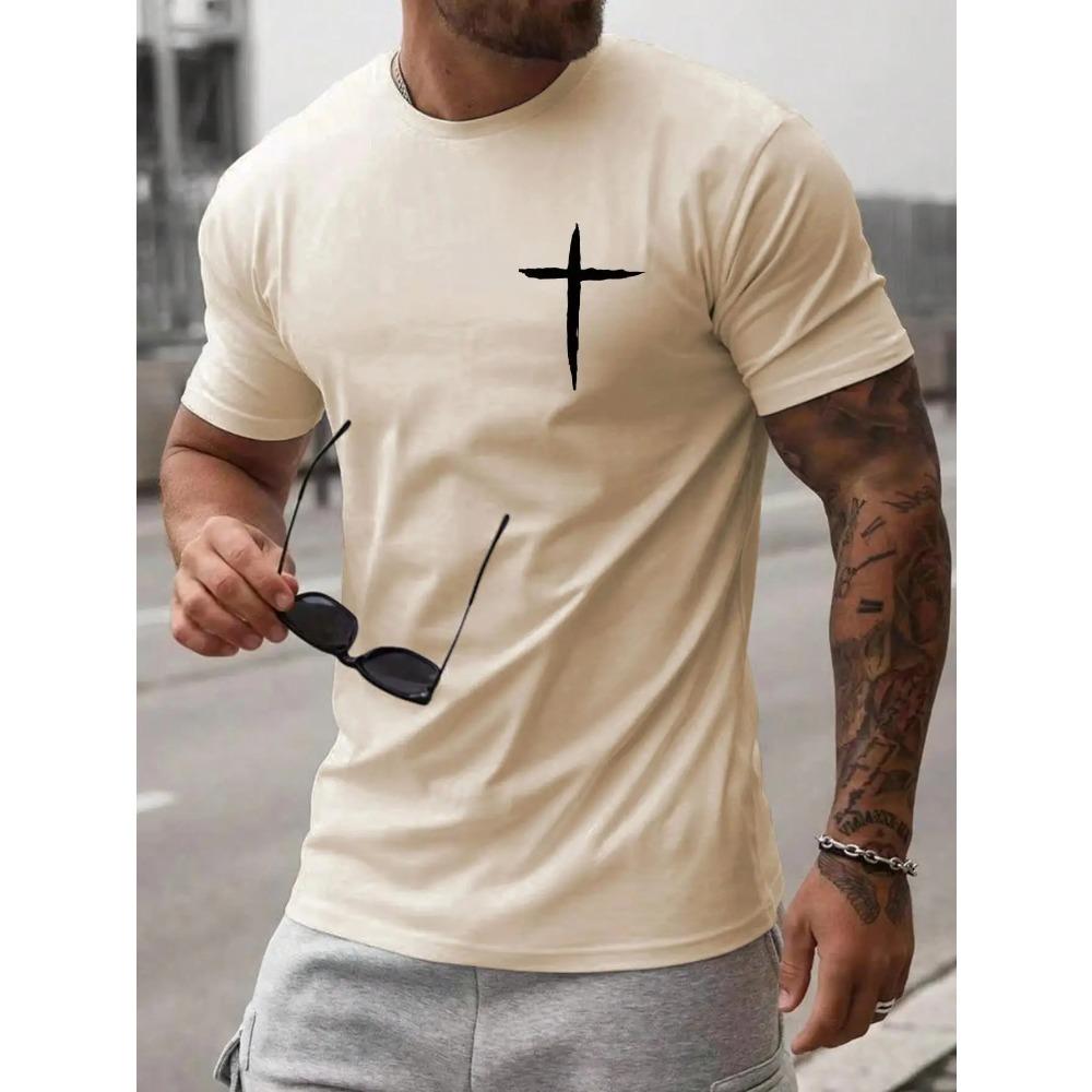 Einfachheit Handschrift Kreuzdruck Kleidung Herren Locker T-Shirt Sommer Baumwolle Locker Kurzarm Freizeit-T-Shirts L beige