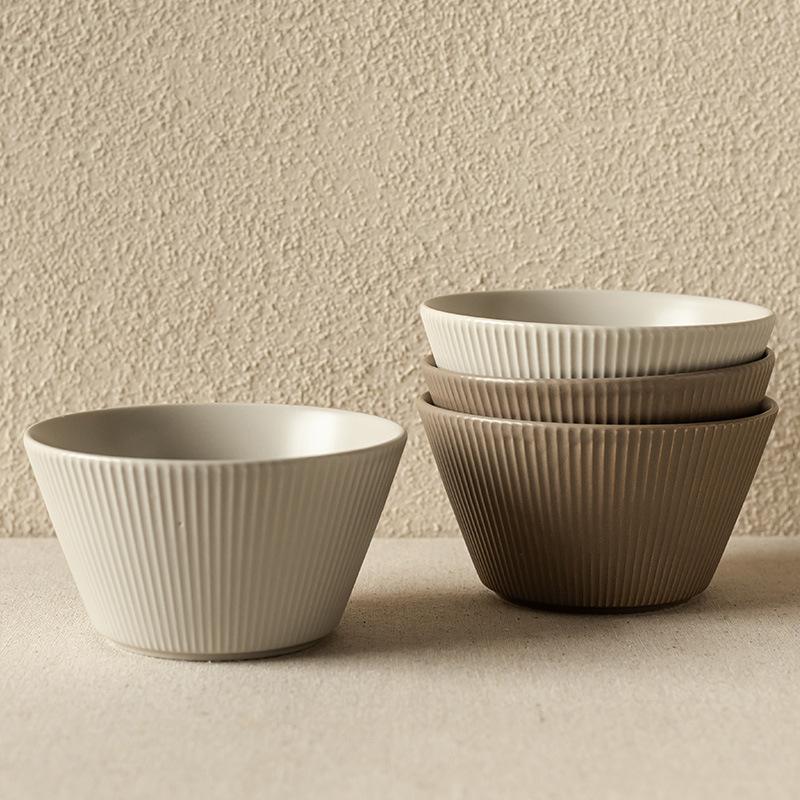 Retro Style Vertical Pattern Hat Bowl Matte Texture Ceramic Bowl Rice Bowl Nordic Style Household Tableware Small Soup Bowl Noodle Bowl