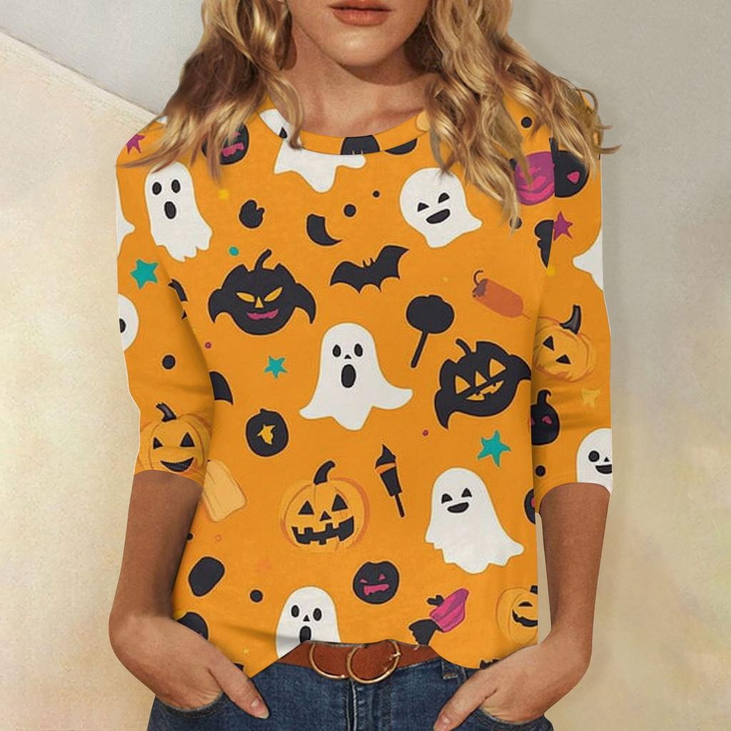 Damenmode Lässig Dreiviertelärmel Halloween-Print Rundhals-Top