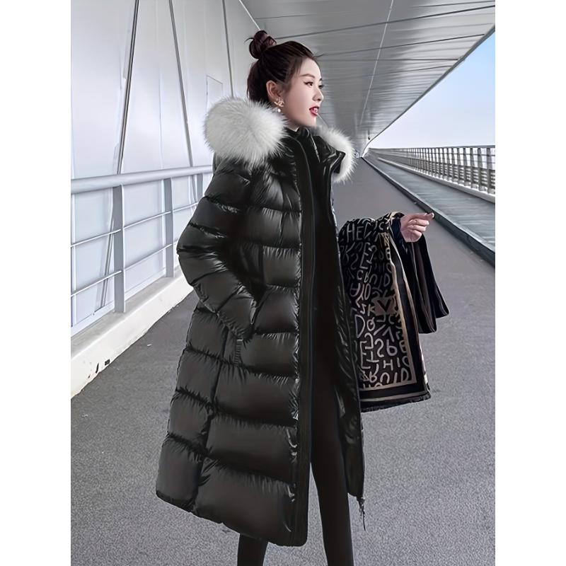 New  Women's Black and Golden Faux Padded Coat, Long Slim Fit, Thickened with Large Collar, Long Padded Padded Jacket