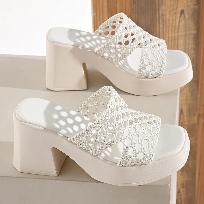 

Fashion Rimocy Chunky Platform Plus Size Women s Sandals Summer New Braided High Heel Sandles Solid Beach Thick Sole Shoes Women 35 бежевый