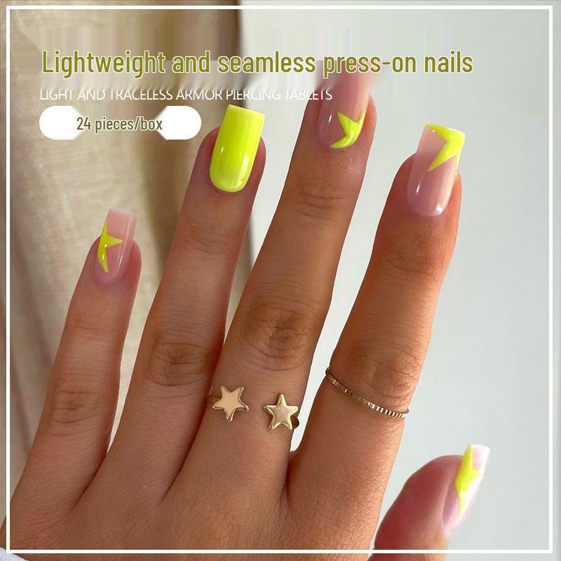 

Yellow Star Color Block Nail Art Patches – 24 Removable Wearable Medium-Long Pieces Glue Version