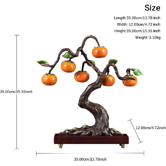 Aris & Juno Hand-Painted Copper Persimmon Tree Sculpture, Traditional Chinese Everything Goes Well Blessing Statue, Feng Shui Office Desk Home Living