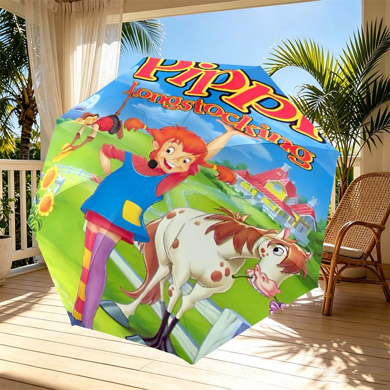 Pippi Longstocking Print Automatic Open Close Umbrella, Portable Foldable Umbrella, for Outdoor Commute Camping Trip, Ideal Birthday Gift