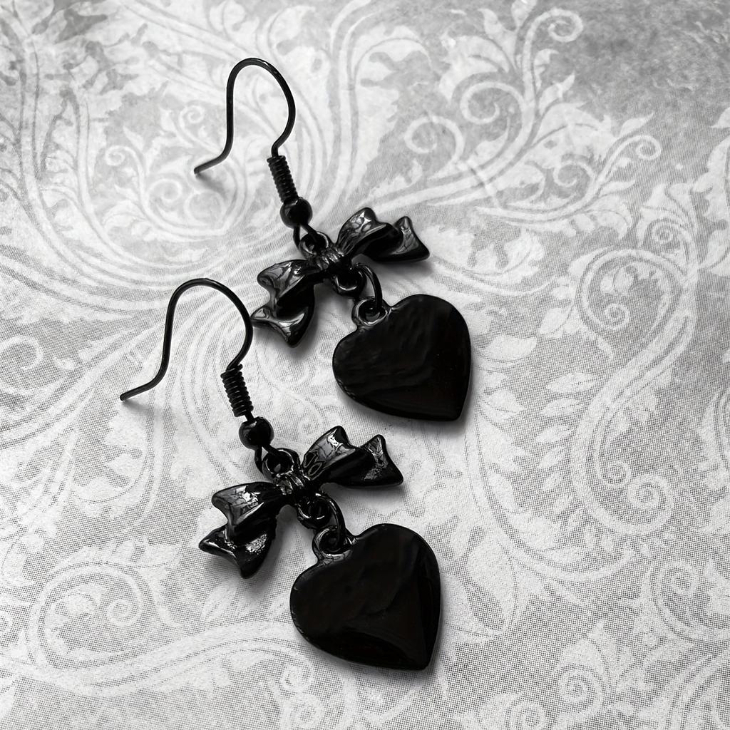 Bowknot Heart Design Black Dangle Earrings Alloy Jewelry Goth Style Exquisite Gift For Women Girls Daily Casual