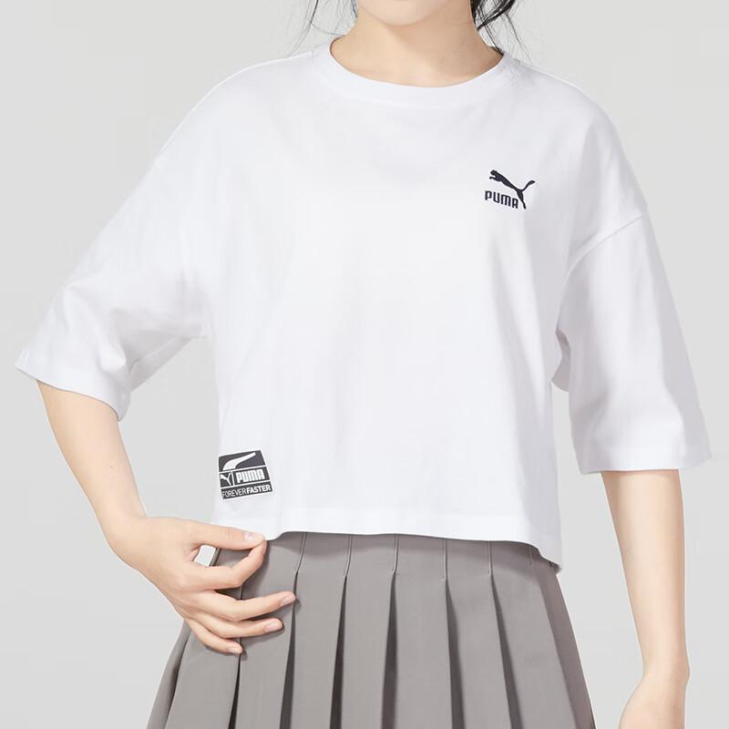 PUMA Letter Logo Print Round Neck Pullover Short Sleeve T-Shirt With Drop Shoulder Women Tops White 623253-02