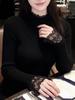 Women's Autumn/Winter Black Lace Patchwork Sweater, Slimming Half-High Collar Knit Top with Long Sleeves