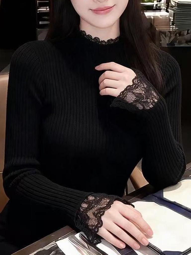 Women's Autumn/Winter Black Lace Patchwork Sweater, Slimming Half-High Collar Knit Top with Long Sleeves