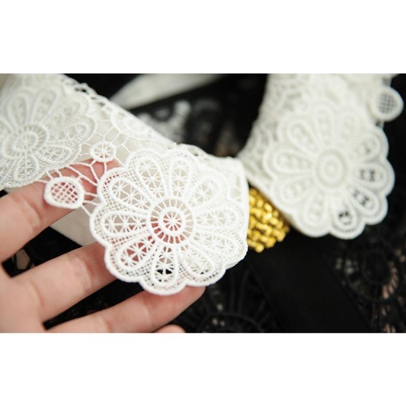 Summer Women Lace Hollow Out Peter Pan Collar Single-breasted Party Dresses Short Sleeve Female Robes with Belts