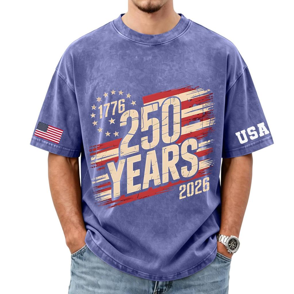Men's loose and casual flag letter print T-shirt - Men's trendy washed short-sleeved top