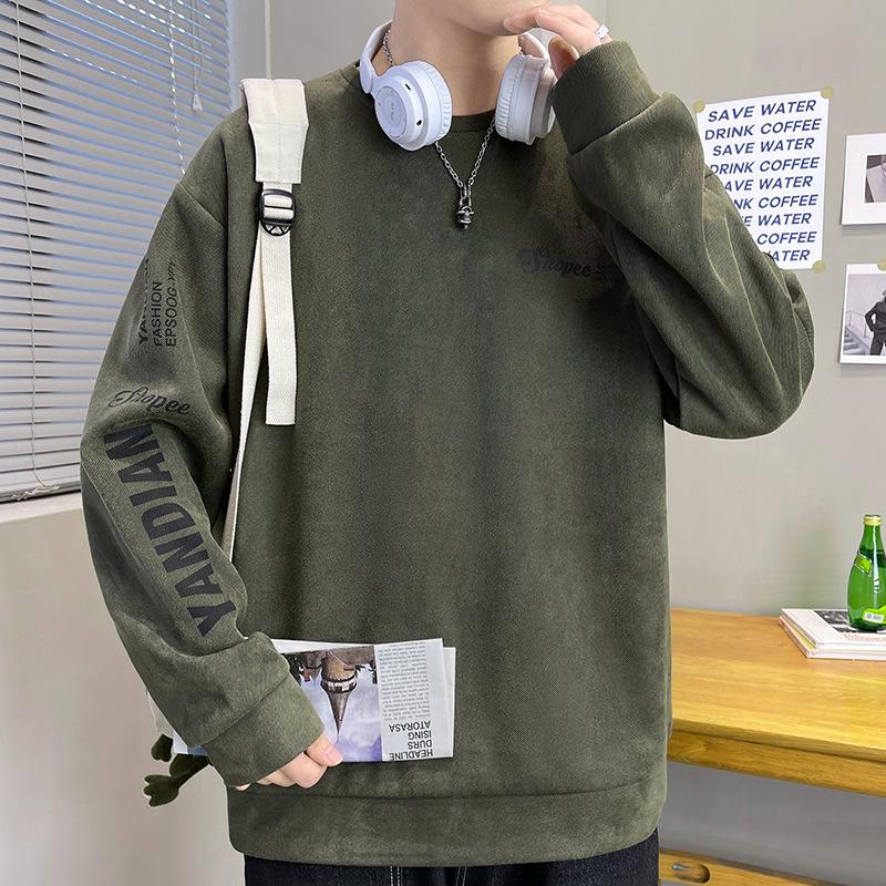 Men's Long-sleeved T-shirt Spring and Autumn Ins Round Neck Suede Printed Sweatshirt Men's Bottoming Shirt Tops Teenagers