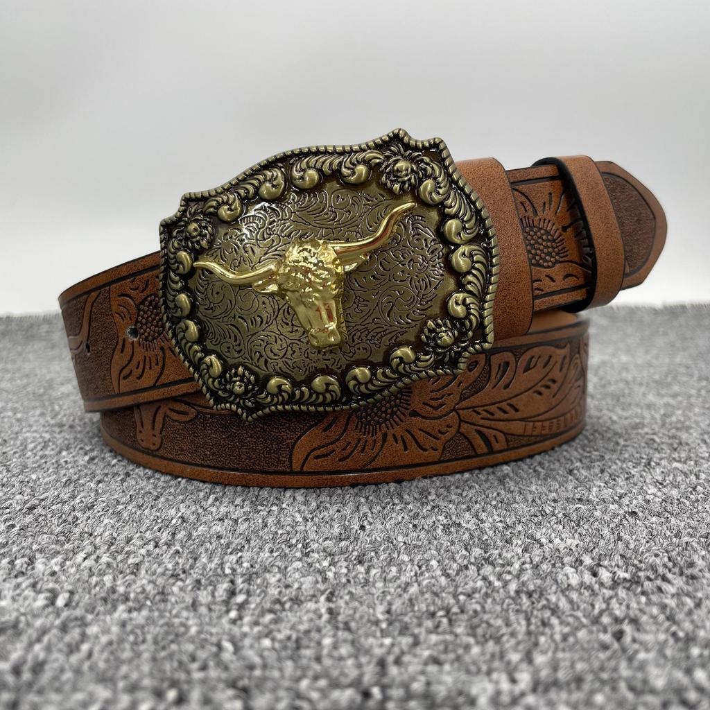 Western Cowboy Large Buckle Belt - Youth Trendy American Street Style Leather Waistband