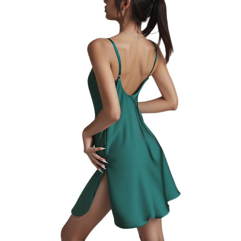 Women's Silk Satin Chiffon Summer Spaghetti Strap Nightgown with Slit and Beautiful Back Design