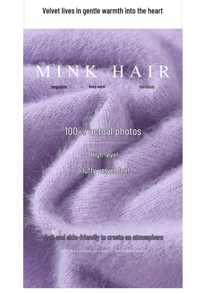 Women's Mink Cashmere Short Sweater with Half-High Collar and Rabbit Fur Knit, Slimming Fit