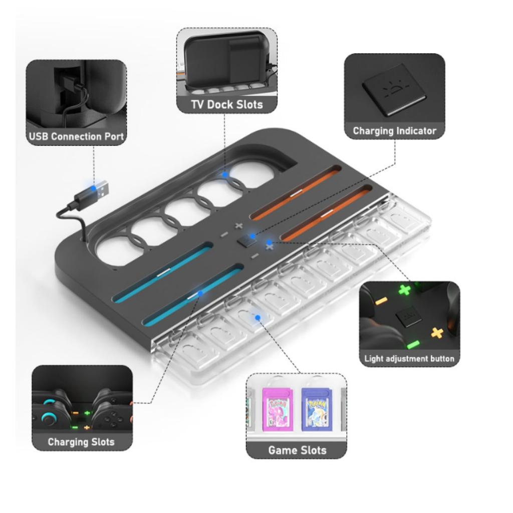 XBERSTAR Controller Charging Dock for Nintendo Switch 2, Joy-Con Charging Stand Station with Retractable Cassette and Colorful Lights