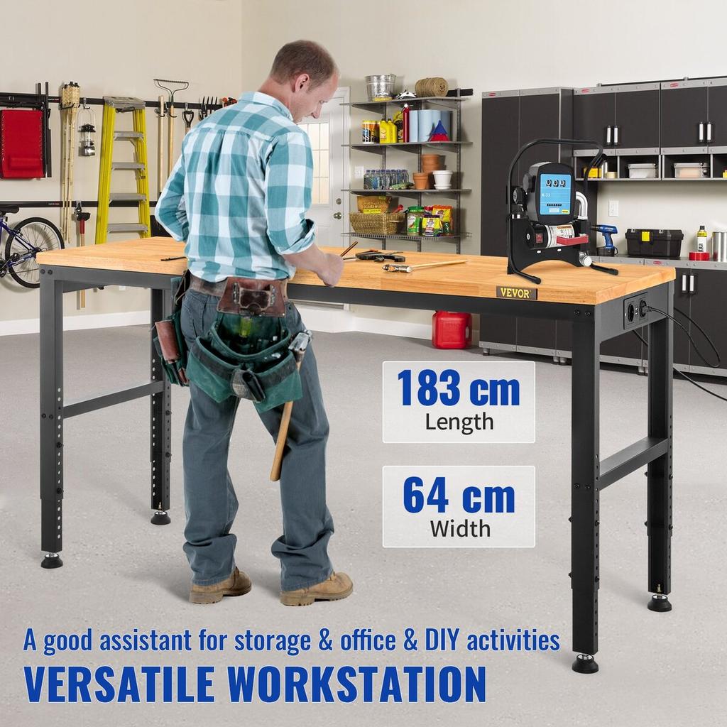 Workbench Adjustable Height, 183 x 64 cm Garage Table w/ 72 – 97 cm Heights & 900KG Load Capacity, with Power Outlets & Hardwood Top & Metal Frame &