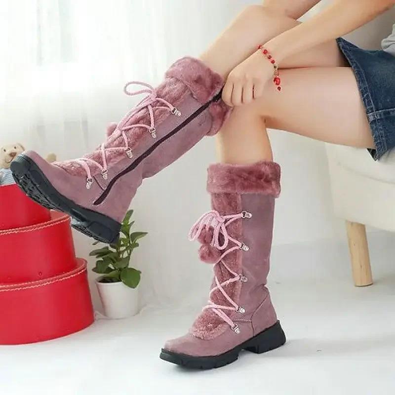 Fashion 2025 Cute Hairball Women's Comfort Fluffy Boots Suede Stitching Knee Length Winter Warm Snow Boots Classic Vintage Ladies Shoes