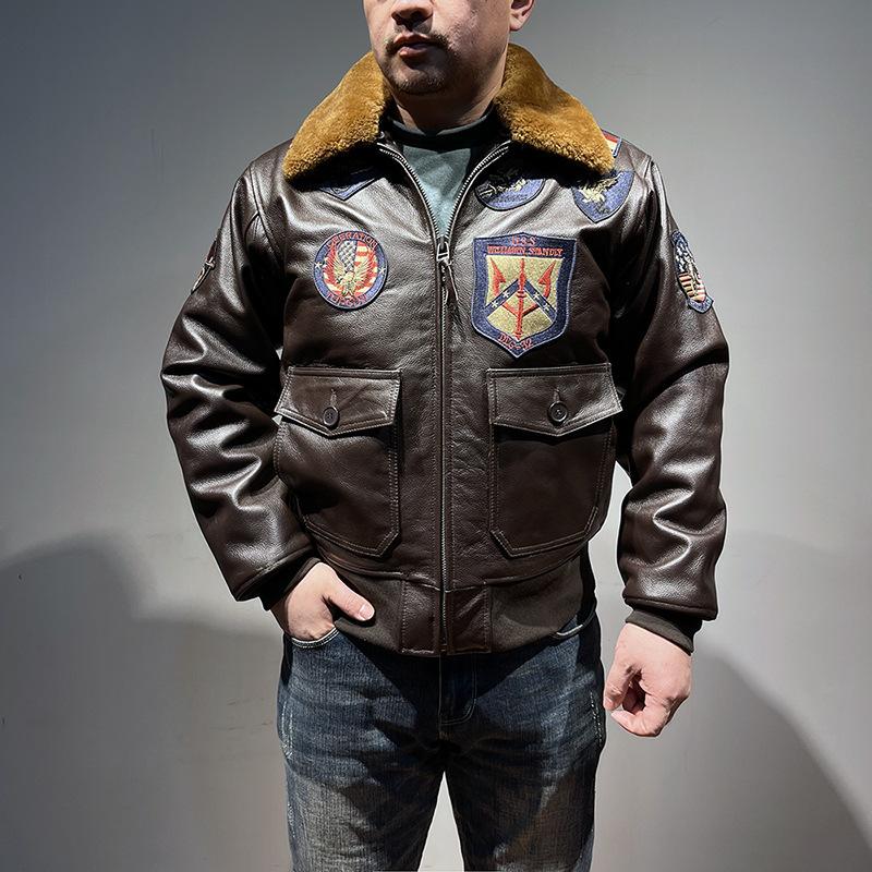 TOP GUN American G Leather Flying Jacket Men's Lamb Collar Lapel Top Sheepskin Men's Leather Jacket