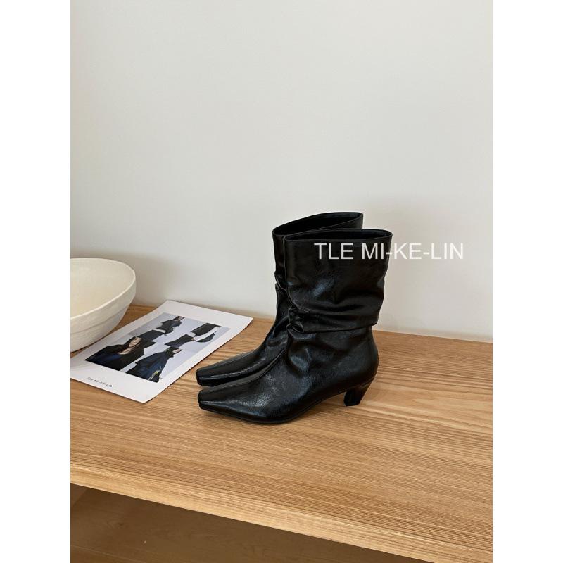 French pointed toe wedge short boots women's 2025 autumn and winter retro pleated piled boots slim short boots