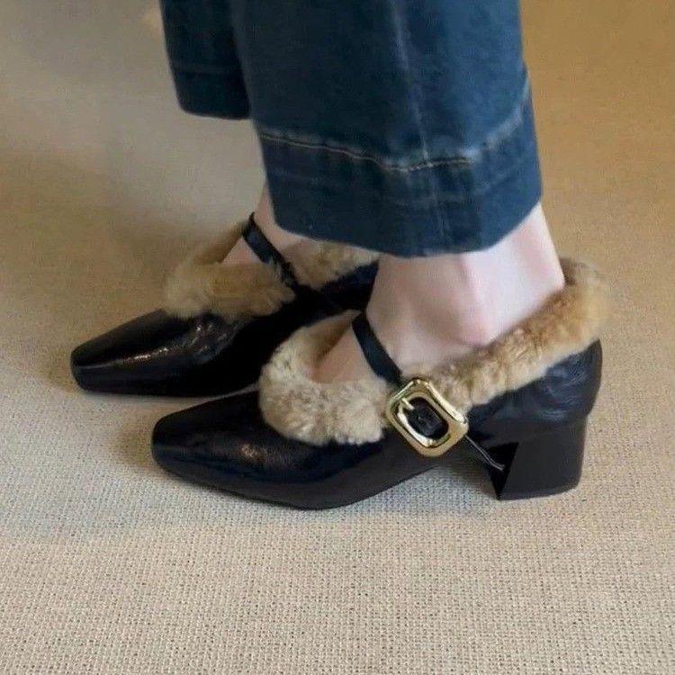 

Ретро Бархатные Теплые Туфли Мэри Джейн на Меху на Массивном Каблуке из Кожи с Ремешком 39