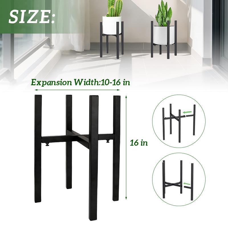 Space-Saving Adjustable Plant Stand Metal | Mid-Century Shelf for 10"-16" Pots Indoor Outdoor | Black Modern Design