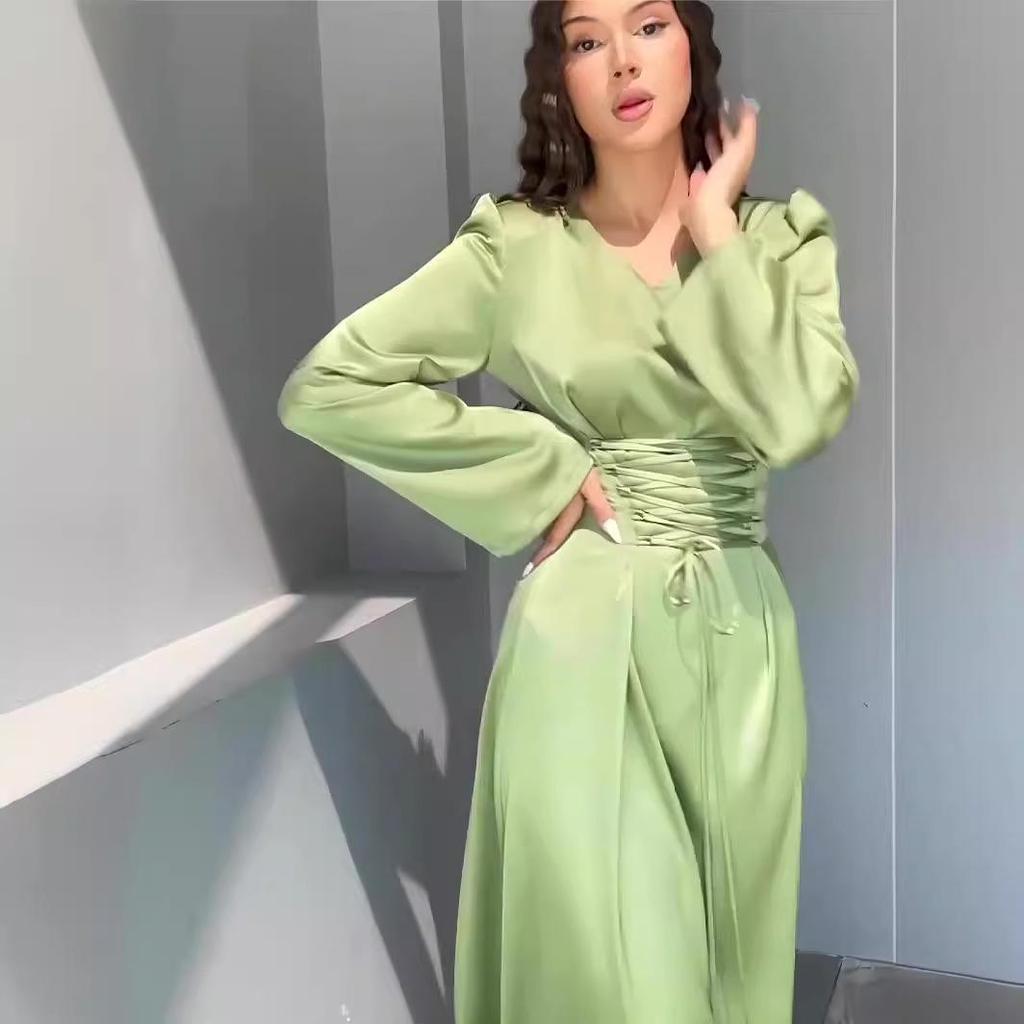 2024 Spring V-Neck Bandage Waist Slimming Long Sleeve Dress for Socialites