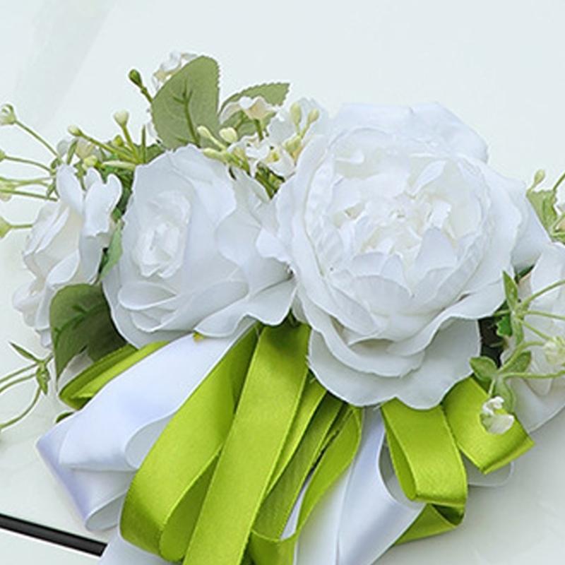 Realistic Faux Floral Arrangement Set For Bridal Vehicle Decoration In White Green Color Scheme