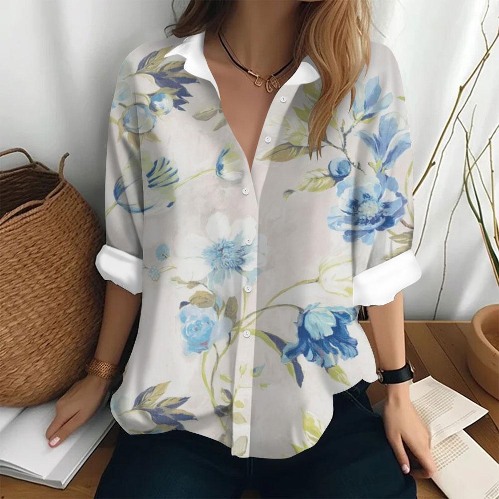 Summer Women's Shirt Long Sleeved Lapel Top Flower Pattern Casual Oversized Button Clothing Women Elegant and Fashionable Shirt