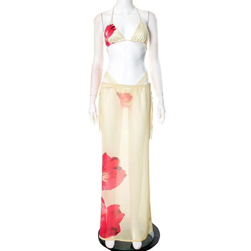 2025 European and American Amazon Print Sexy Strap Skirt Bikinis Swimsuit Print Long Dress Beach Three-Piece Suit