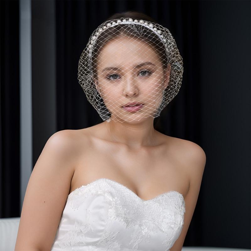 Mesh Bridal Veil Hairband With Pearls Decors For Bride Weddings and Special Occasion Gathering Dressingup Headpiece