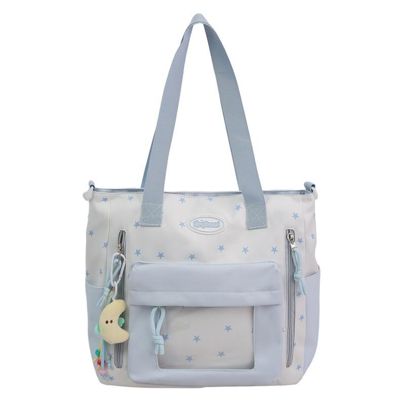 

Durable Nylon College Backpack With Star Print Design And Transparent Layer For Students Shoulder Blue