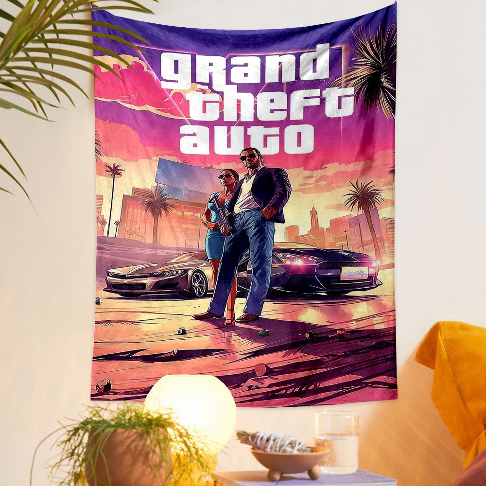GTA Vice City Couple Guns Cars Purple Pink Gamers Decorative Wall Tapestry for Bohemian Home Wall