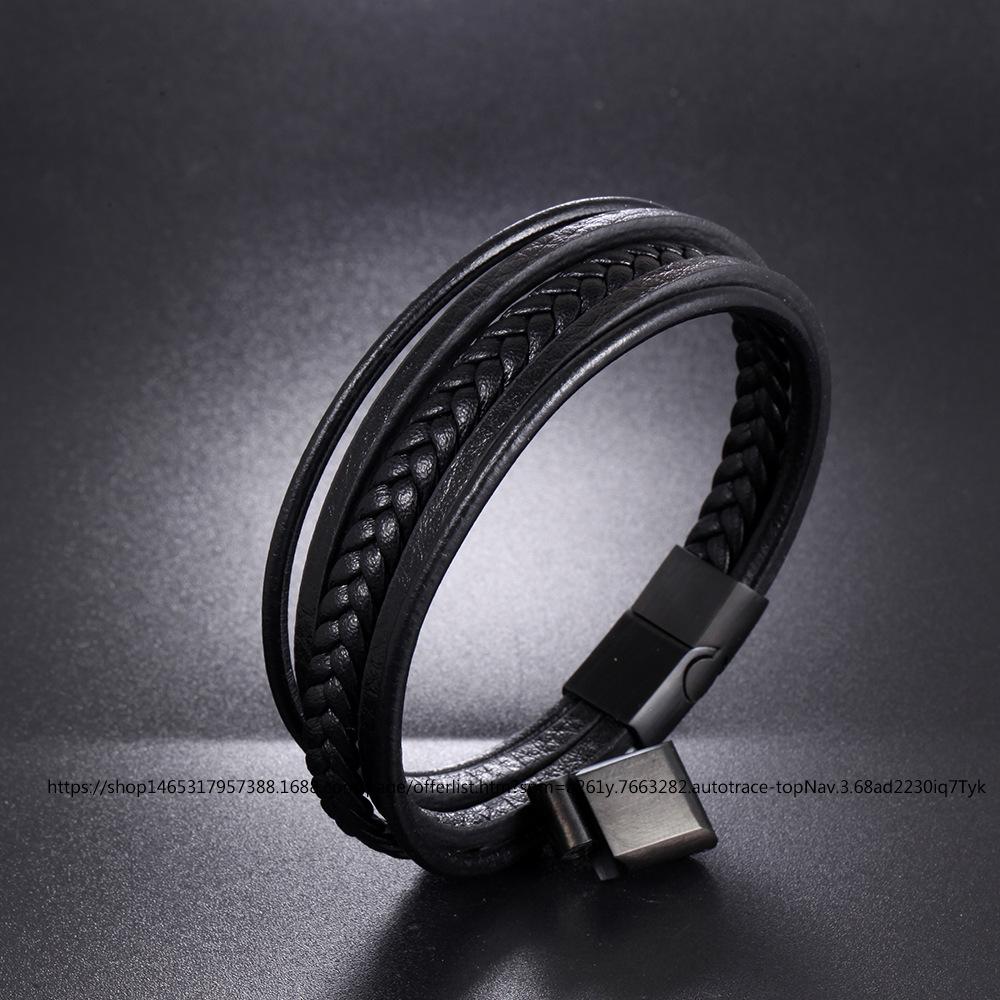 Cowhide bracelet, stainless steel leather woven multi-layer bracelet, leather adjustable buckle bracelet