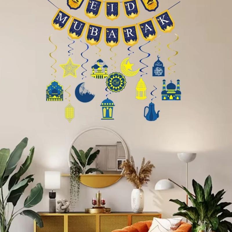 Baner Eid Mubarak Litery Księżyc Gwiazda Papierowe Girlandy Islamskie Muzułmańskie Ramadan Wiszące Ozdoby Materiały Dekoracyjne na Imprezę
