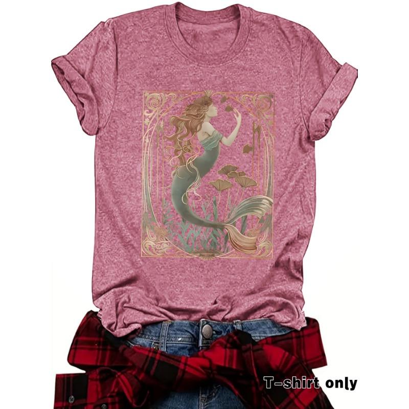 Women's Summer Casual T-shirt Mermaid Pattern Round Neck Short Sleeve Top