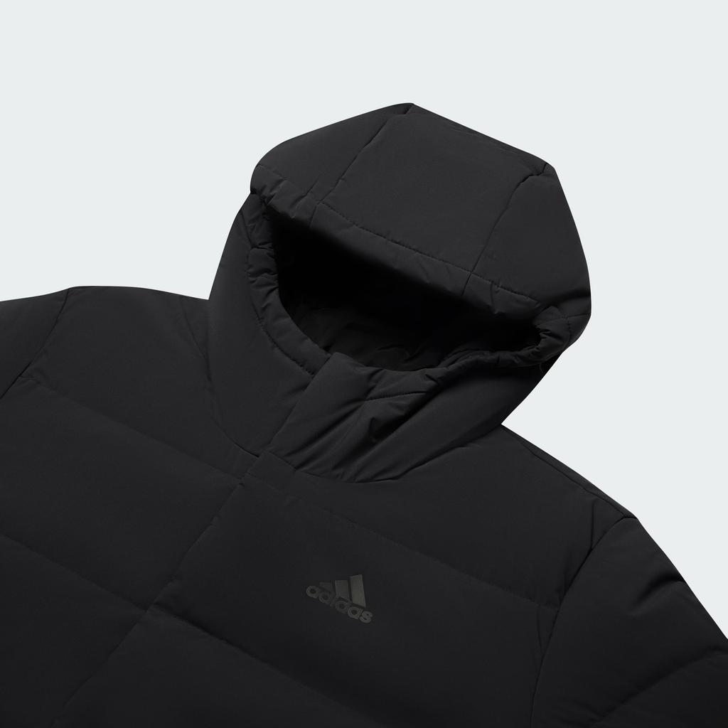 adidas Geacă călduroasă de puf pentru bărbați, cu glugă Helionic, culoare uni, mâneci lungi, model KE5404