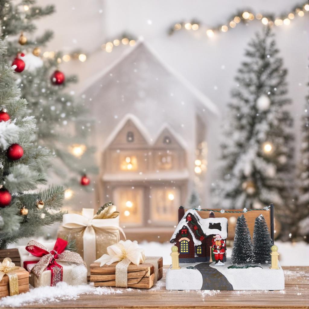 Resin Christmas Village Lighted Music Box Glowing House Ornament Xmas Table Centerpiece Holiday Decor Resin Table Decoration
