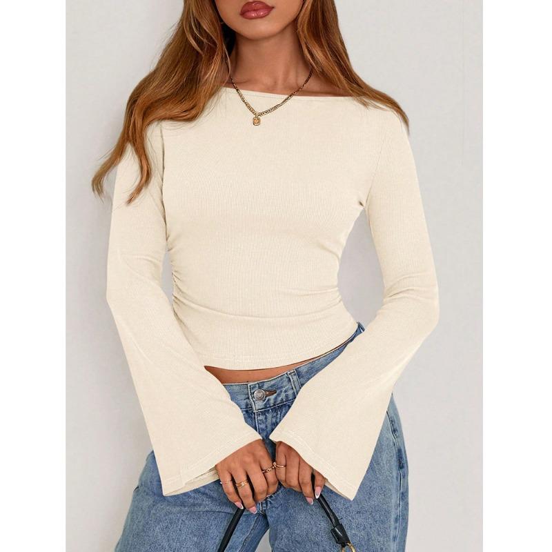 Damen Rundhals Cropped Ausgestellter Ärmel Y2k Figurbetont Vielseitig Lässig Langarm Top