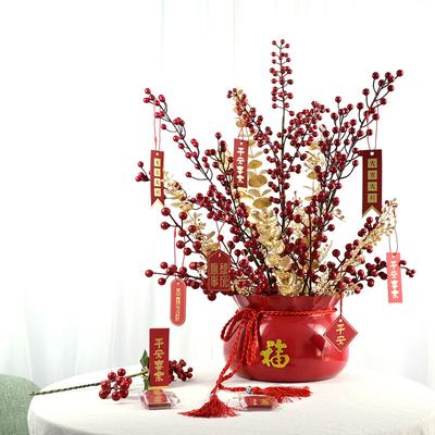 Simulation Fruit Rouge Fruit Fortune Feuille d'Argent Photographie de Mariage Ornement de Maison Baie de Noël Bénédiction du Nouvel An Décoration Seau