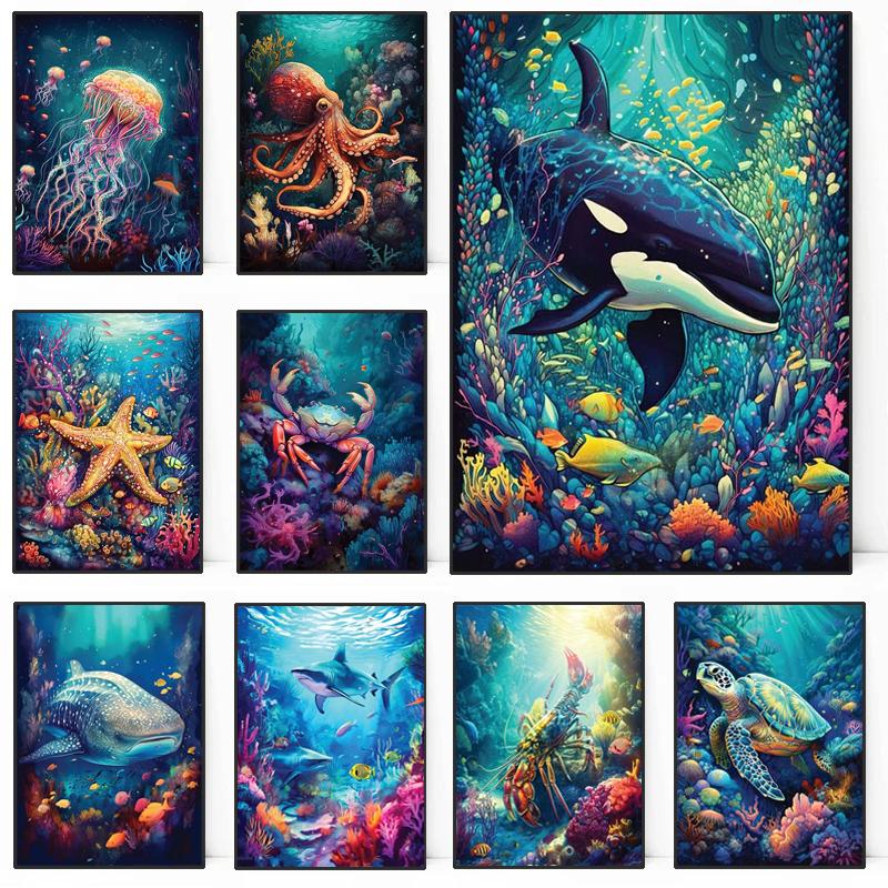 Abstract Modern Art Wall Poster Sea Turtle Jellyfish Dolphin Shark Animal Morden Sea Print Home Decor Canvas Painting Picture
