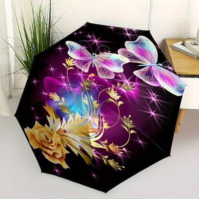 Butterfly and Flower Sparkle Phone CaseUmbrella, Cute Umbrella with Cute Design, Portable 3-Fold Compact Umbrella for Men & Women, Valentine's Day Mot